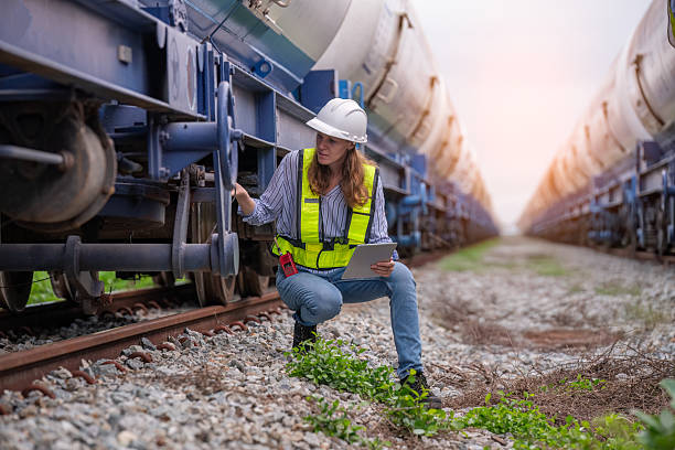 istock Engineer railway engaged in discussion or inspection maintenance work greenery and gas or oil power industrial or transportation setting in the rail train import export logistics industry concept 2225494078