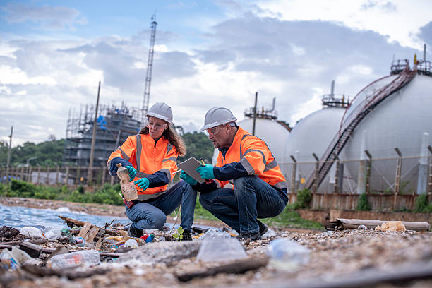 istock Environmental engineer or workers examining waste water along a  large industrial waste water or pollution monitoring and maintenance to ensure systems operate effective environmental regulations. 2225498504