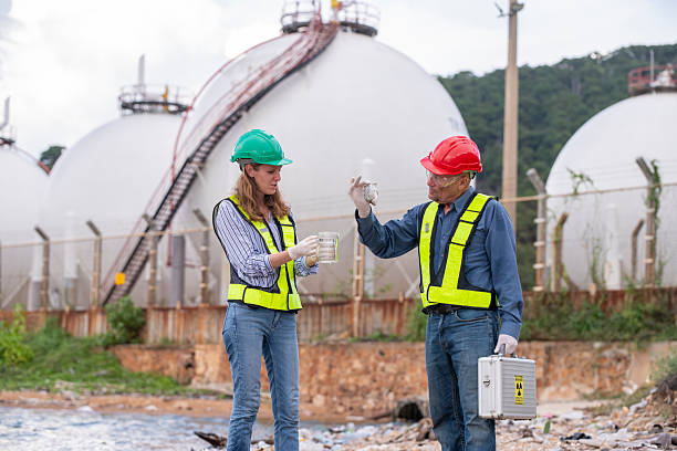 istock Environmental engineer or workers examining waste water along a  large industrial waste water or pollution monitoring and maintenance to ensure systems operate effective environmental regulations. 2225498730