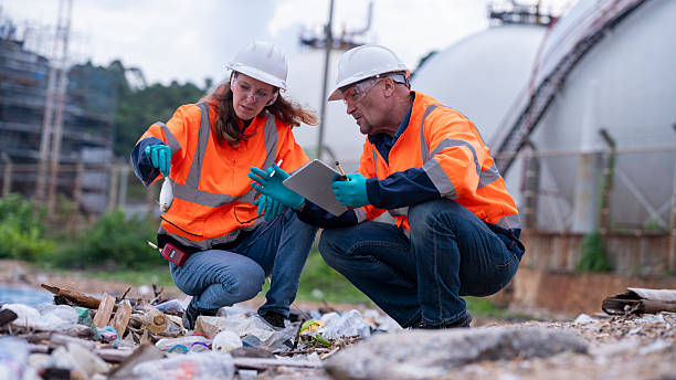 istock Environmental engineer or workers examining waste water along a  large industrial waste water or pollution monitoring and maintenance to ensure systems operate effective environmental regulations. 2225498937