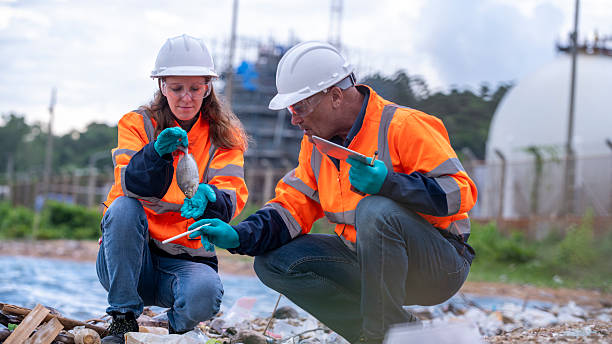 istock Environmental engineer or workers examining waste water along a  large industrial waste water or pollution monitoring and maintenance to ensure systems operate effective environmental regulations. 2225498960