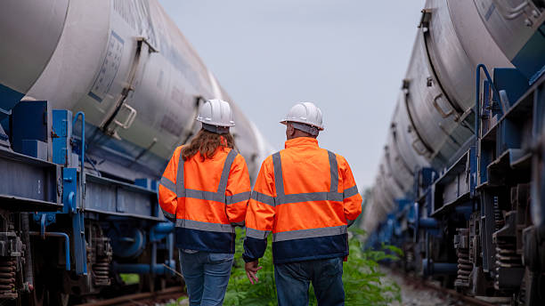 istock Engineer railway engaged in discussion or inspection maintenance work greenery and gas or oil power industrial or transportation setting in the rail train import export logistics industry concept 2225499112