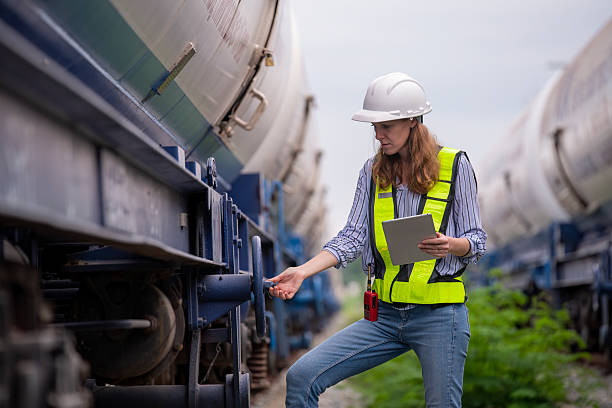 istock Engineer railway engaged in discussion or inspection maintenance work greenery and gas or oil power industrial or transportation setting in the rail train import export logistics industry concept 2225499133
