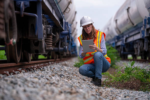 istock Engineer railway engaged in discussion or inspection maintenance work greenery and gas or oil power industrial or transportation setting in the rail train import export logistics industry concept 2225499156