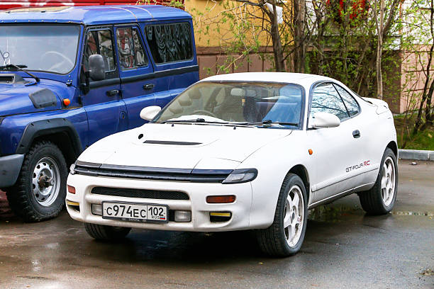 Novyy Urengoy, Russia - June 4, 2023: White sports car Toyota Celica (T180) in the city street.