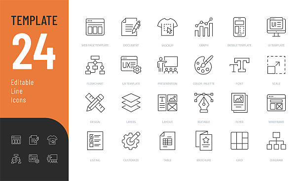 ilustraciones, imágenes clip art, dibujos animados e iconos de stock de conjunto de iconos editables de línea de plantilla. - diseño web