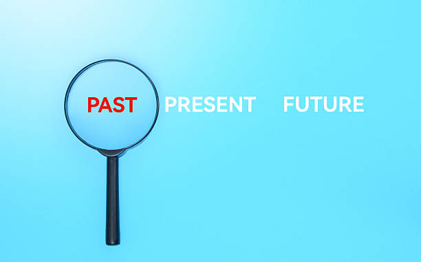istock Single magnifying glass with PAST, PREAENT and FUTURE word on blue background 2225510097