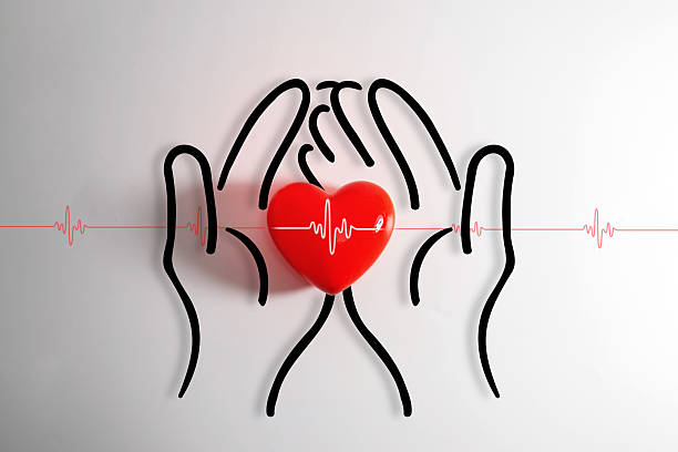 Creative conceptual image of a red heart with an electrocardiogram (EKG) line surrounded by illustrated hands. Perfect for themes of healthcare, medical support, heart care, CPR, emergency aid, and compassion.