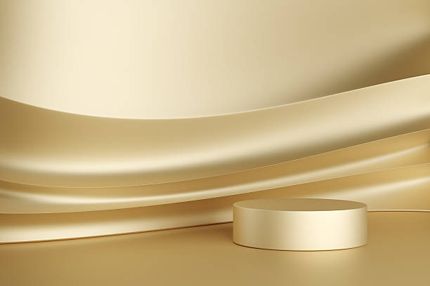istock Flowing modern luxury curve or wave shape golden and circle pedestal studio backdrop. Glossy, reflection product display stage. podium advertisement product fashion cosmetic skincare. 3D Illustration. 2225519617