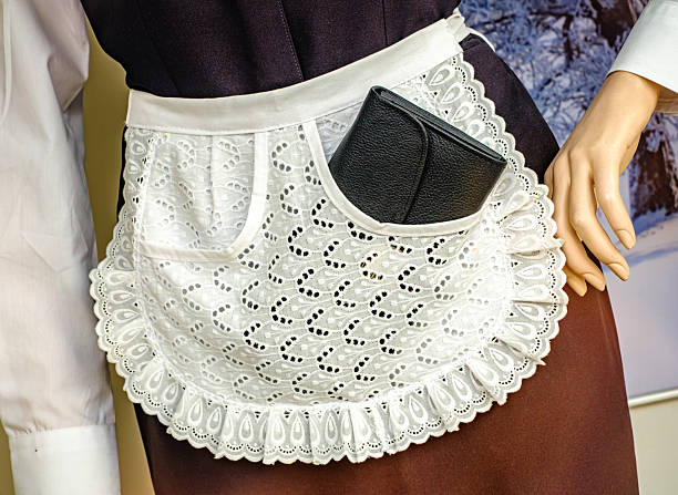 A detailed look at a vintage lace apron, featuring intricate patterns, showcased with a pocket