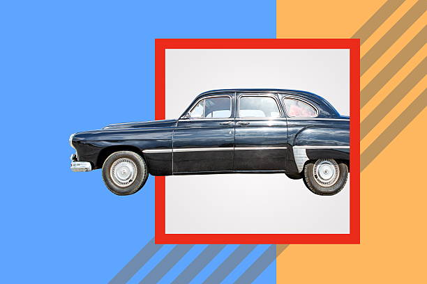 istock black retro car on blue orange background 2225523923