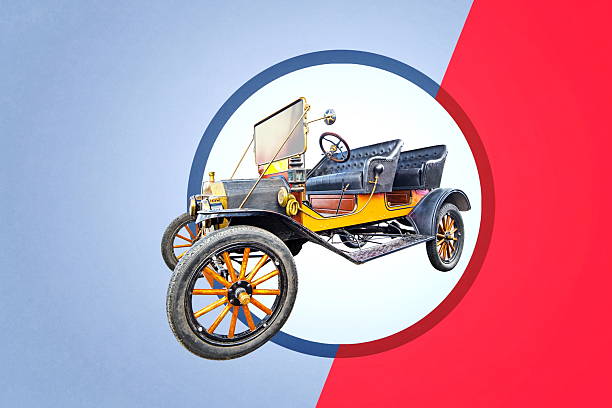 istock yellow retro cabriolet on blue red background 2225523927
