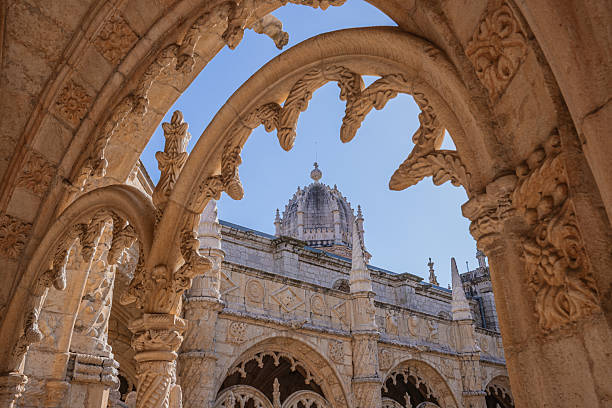 Lisbon, portugal, march 14 , 2025, exteriors and cloister architectural details of the Jeronimos or Hieronymites monastery in parish of Belem