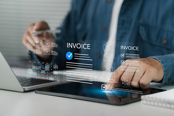 Invoice concept, Digital invoice and billing management, Financial workflow checklist, Electronic tax accounting solution, Businessman using laptop to manage payments