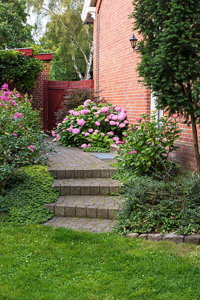 istock Charming Danish Garden with Hydrangeas, Lush Greenery, and Brick Architecture 2225529987