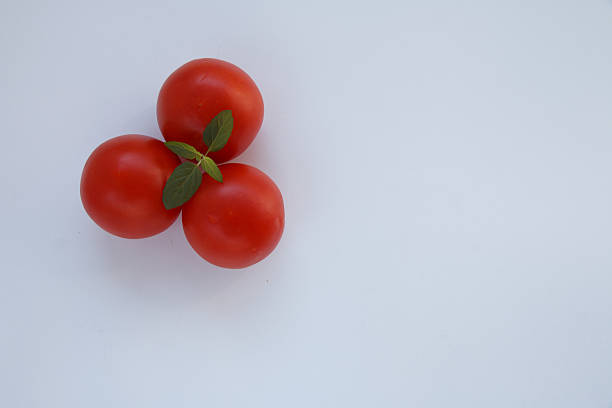 A bunch of ripe red tomatoes topped with fresh green basil leaves, arranged on a white background. The vibrant contrast between the red tomatoes and green herbs highlights freshness and natural ingredients. Perfect for concepts related to healthy eating, Mediterranean cuisine, or organic produce.
