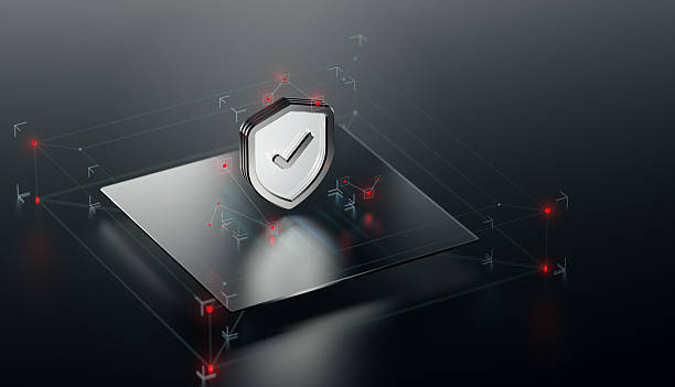 Shield icon and checkmark sign - symbol of safety and protection. Experimental visual aesthetic in dark minimalistic environment.