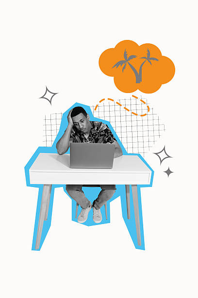 istock Vertical image sketch poster collage of puzzled man sit office workplace table surf laptop dream palm tree summer vacation 2225542685