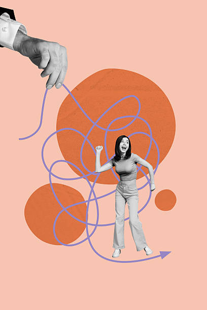 istock Collage of funny person navigating tangled lines symbolizing confusion challenge complexity business mental struggle 2225543284