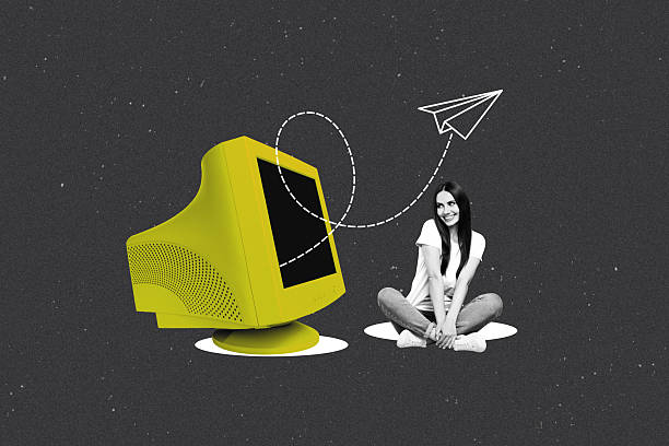 istock 3D collage artwork poster of virtual online obsolete computer monitor device internet young lady sit down smile happy paper plane message 2225544016