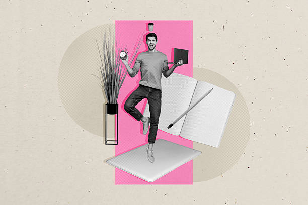 istock Composite sketch image design artwork collage of young man stand computer device remote online internet balance clock time cup hold laptop 2225546146