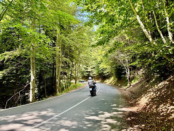 istock Man riding motorcycle on curving road through mountain in Croatia 2225549069