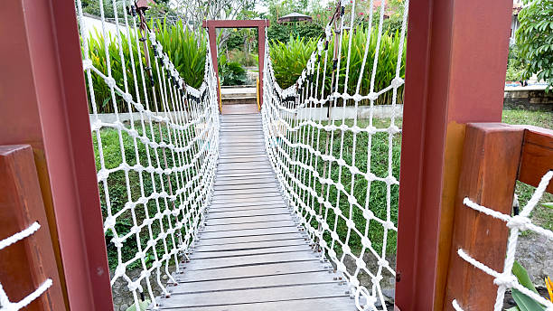 Solo, indonesia 07.15.2025 This image features a charming rope bridge with wooden planks, offering a unique path amidst lush green foliage and garden elements.