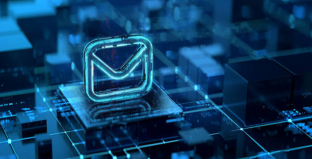istock E-mail envelope icon on futuristic digital background. Glowing digital connections and data interfaces, showcasing technological innovation and data processing in a high-tech environment. 2225558377