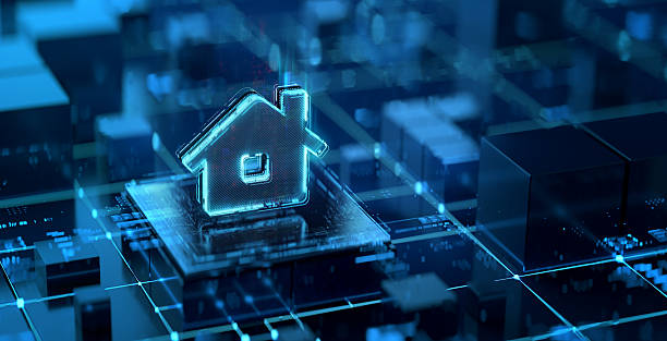 istock Home icon on futuristic digital background. Glowing digital connections and data interfaces, showcasing technological innovation and data processing in a high-tech environment. 2225560204