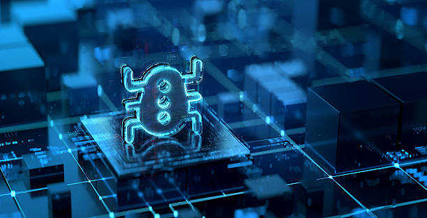 istock Computer bug icon on futuristic digital background. Glowing digital connections and data interfaces. 2225562370