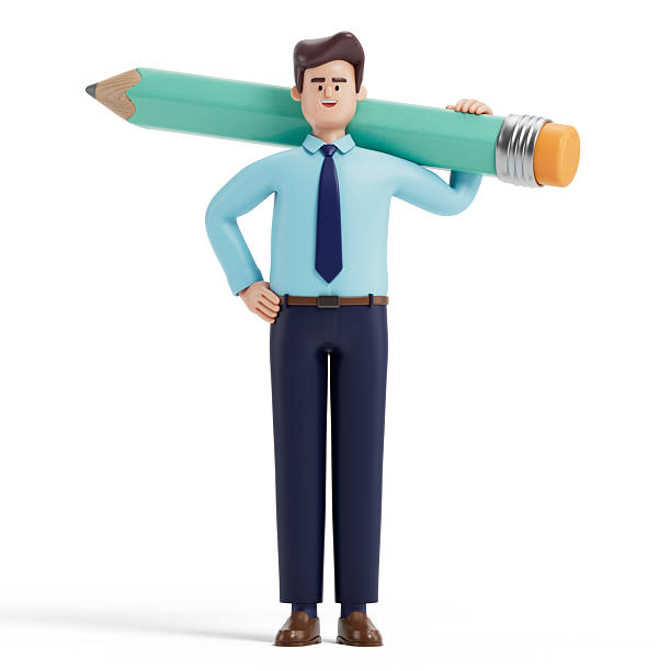A man holds a giant pencil, symbolizing ideas, creativity, and writing. 3D rendering, conceptual image. Isolated on white background.