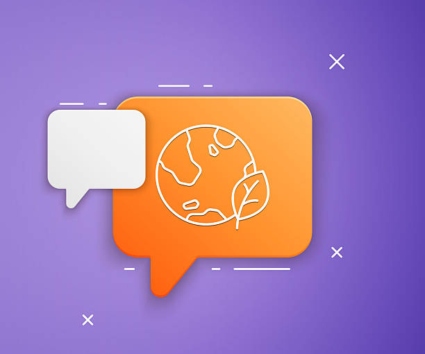 istock White Earth globe and leaf icon isolated on purple background. World or Earth sign. Geometric shapes. Environmental concept. Orange speech bubble symbol. Vector 2225573267