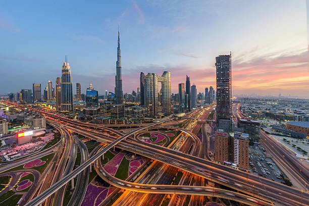 istock Dubai Skyline and Busy Highway at Sunset 2225578868