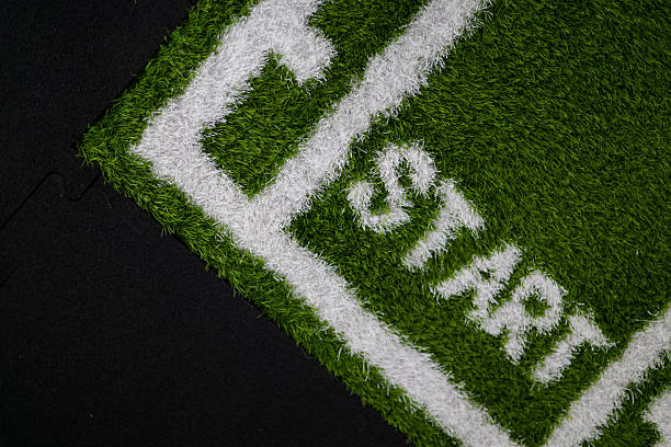 Close-up of a gym floor strip designed with artificial grass, marked with the word “start” and track lines, symbolizing motivation for workouts.