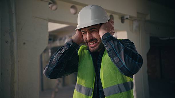 istock Caucasian builder worker man guy male handyman engineer architect in hardhat employee closing ears with hands industrial loud explosion in construction factory hiding from demolition building noise 2225584042