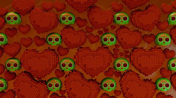 Voxel red hearts and green sugar skulls alternate in structured hexagonal grid over translucent orange background