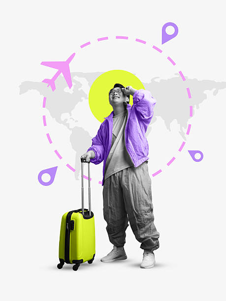 istock Pop art digital collage with happy tourist posing against circular route map 2225592447
