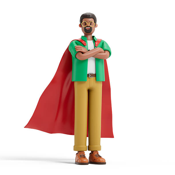 Front view of with brown hair caucasian young male hero standing in front of white background wearing costume who is conquering adversity with hand on hip