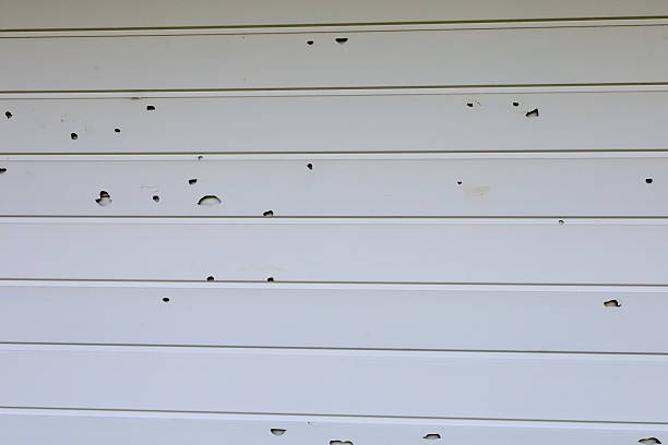 Bullet or shrapnel marks are left on a white wall, indicating damage to the building. Numerous holes of various sizes create a dramatic visual effect, reflecting the aftermath of destruction.
