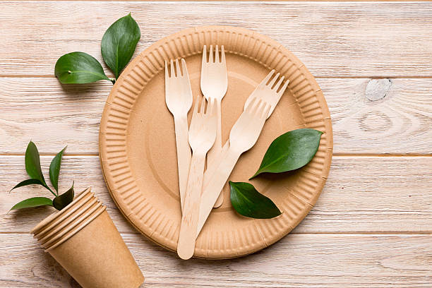istock set of empty reusable disposable eco-friendly plates, cups, utensils on light white colored table background. top view. Biodegradable craft dishes. Recycling concept. Close-up 2225603063