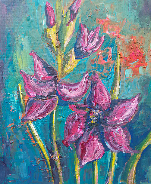 istock Purple gladiolus on blue background acrylic illustration 2225605477