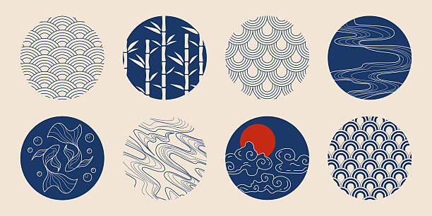 Japanese tradition circle patterns in navy blue on beige bg - wave motifs, bamboo stalks, koi fish, sunset over clouds and geometric seigaiha scales designs. Asian oriental decorative elements.