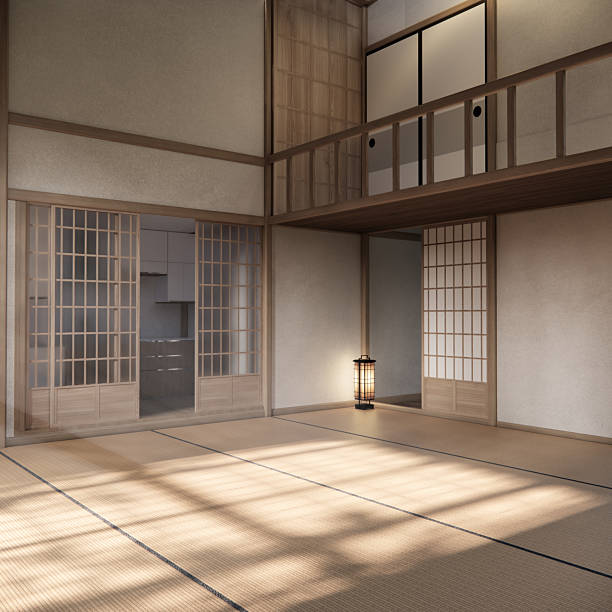 istock Mock up Tatami mat floor big empty room japanese traditional style. 3D rendering 2225617688