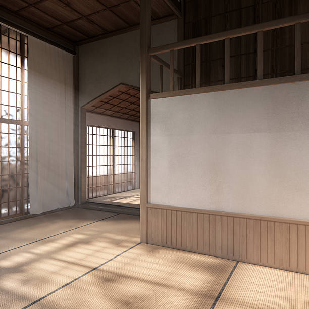 istock Mock up Tatami mat floor big empty room japanese traditional style. 3D rendering 2225617970