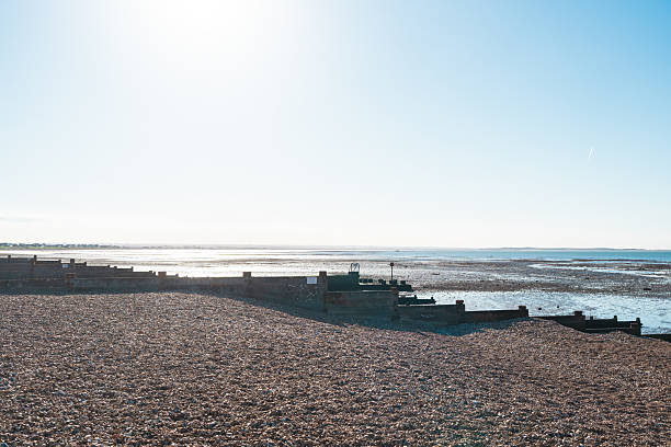 Seascape showing the beach and groynes at whitstable during low tide on a bright sunny day