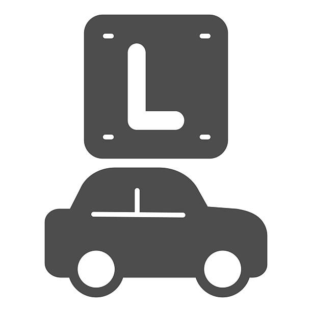 Signboard with letter L and car vehicle solid icon, learner permit concept. Vector graphics. Car with learners parking sign on white background, glyph style icon for mobile or web design. Signboard with letter L and car vehicle solid icon, learner permit concept. Vector graphics. Car with learners parking sign on white background, glyph style icon for mobile or web design placard student sign student driver stock illustrations
