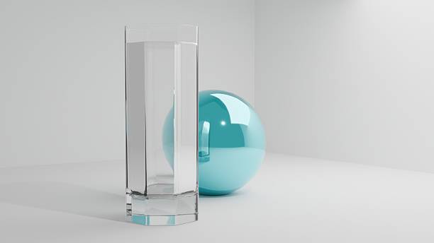 istock Minimal 3D Render of Clear Water Glass and Glossy Cyan Sphere on clean Background 2225625849