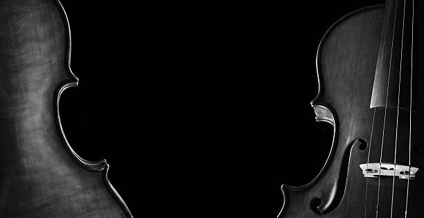 istock music concept. violins on a black background. violin body front and back. black and white. copy space 2225636328