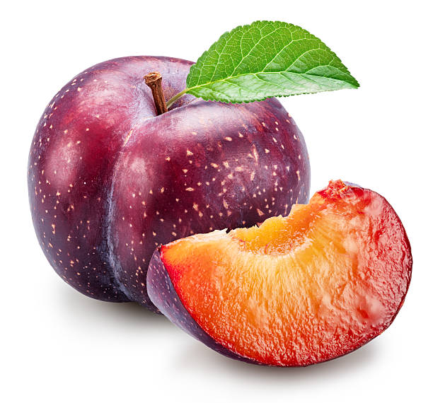 istock Ripe chinese plums with green leaf isolated on white background. File contains clipping paths. 2225638678
