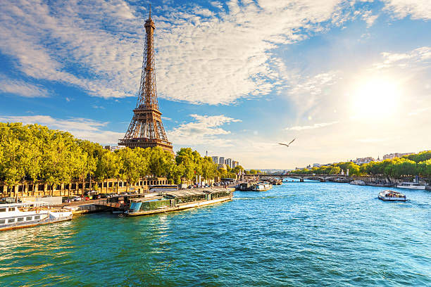 istock Paris skyline with Eiffel Tower and River Seine under clouds, France 2225640415